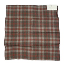 Brunello Cucinelli Light Gray Red Checked Linen Cotton Pocket Square NWT