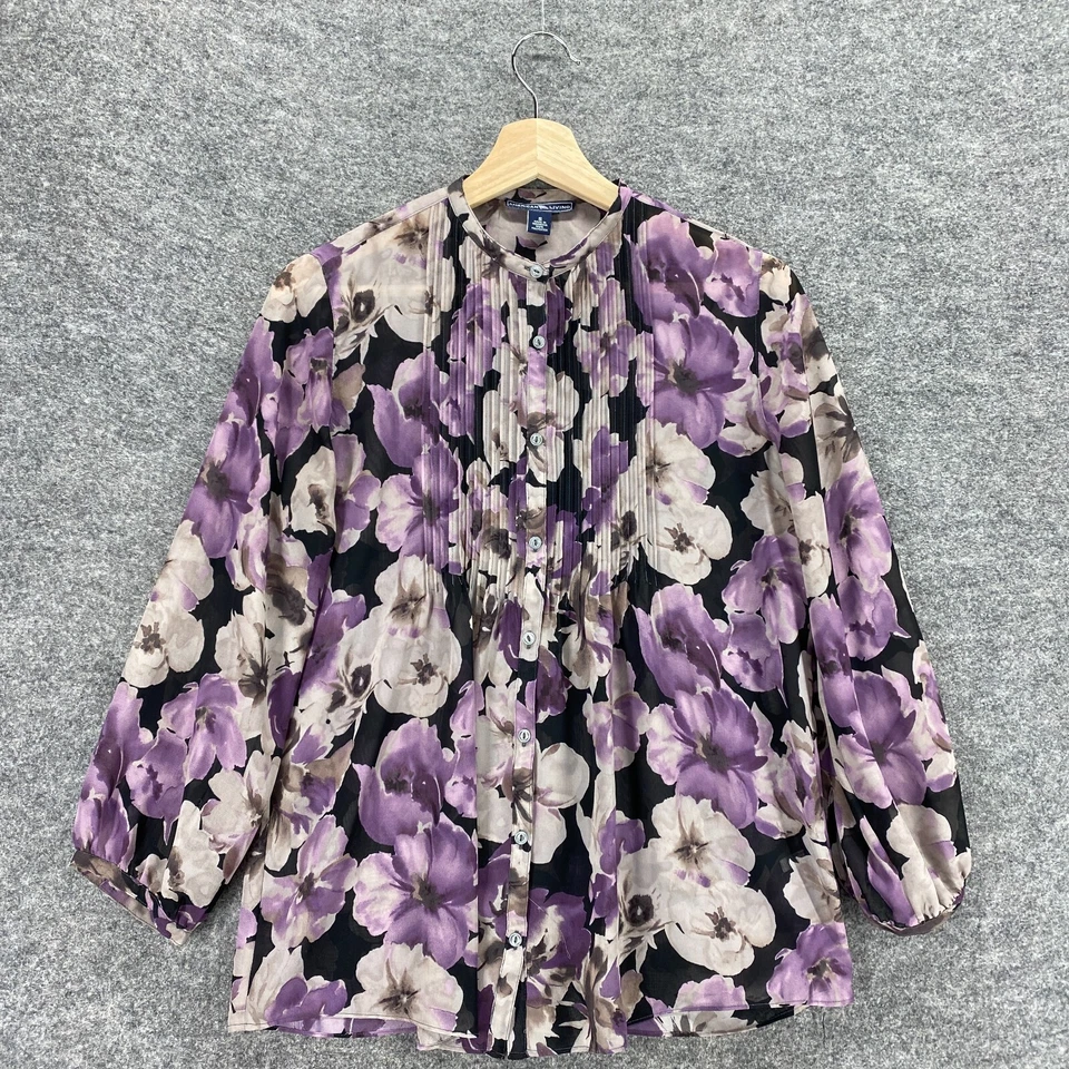Blusa American Living Top Mujer S Pequeña Púrpura Floral Abotonada Manga Larga Foto 3 de 4