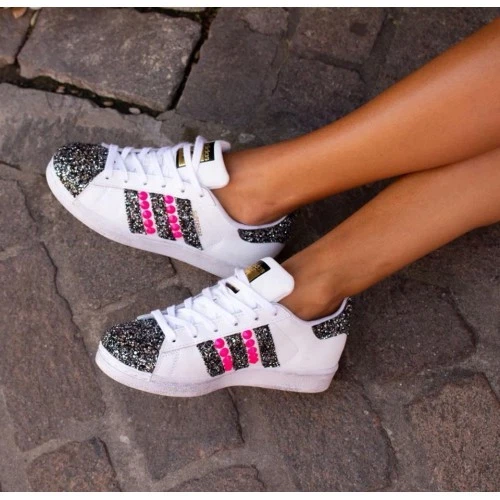 Acelerar boxeo subasta adidas Superstar White Glitter Studded Fluo Pink [Custom Product] Shoes |  eBay