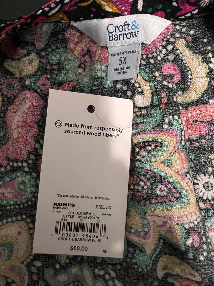 Croft & Barrow Womens DRESS 5X  Boho Chic Black Pink Paisley Floral Stretch NEW - Image 2 of 4