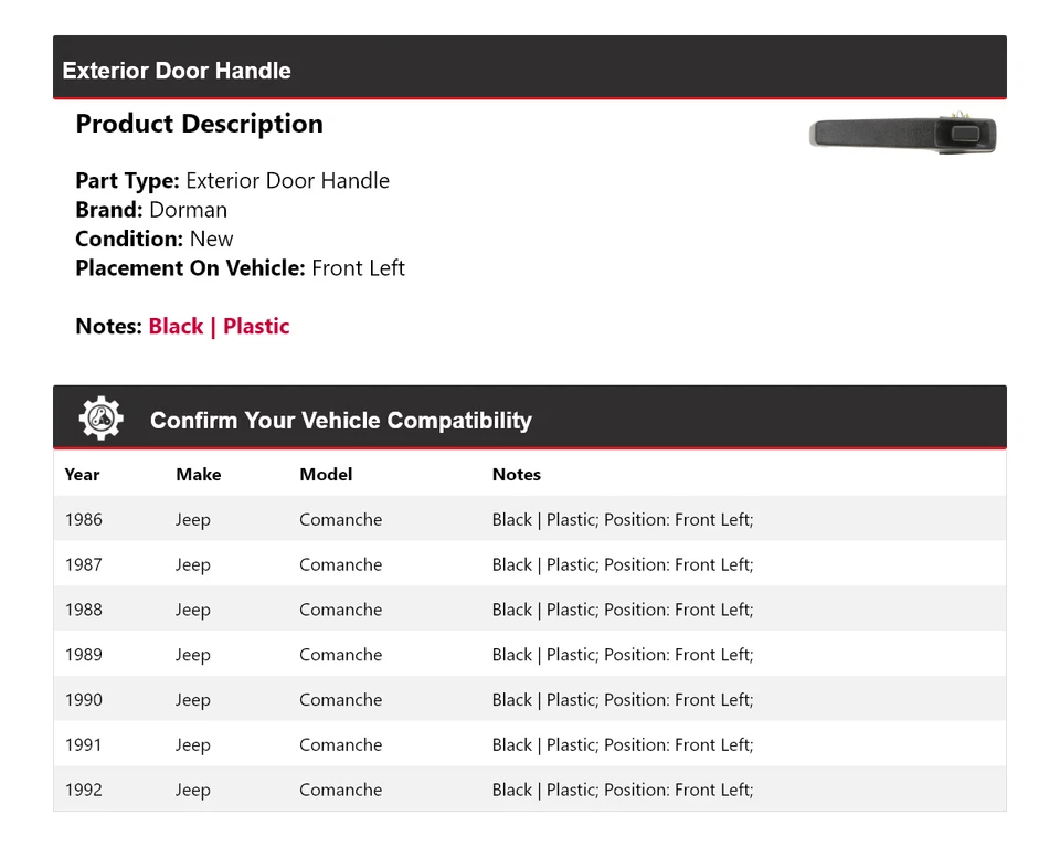 Para 1986-1992 Jeep Comanche Dorman maçaneta externa dianteira esquerda 1987 1988 - Imagem 2 de 4