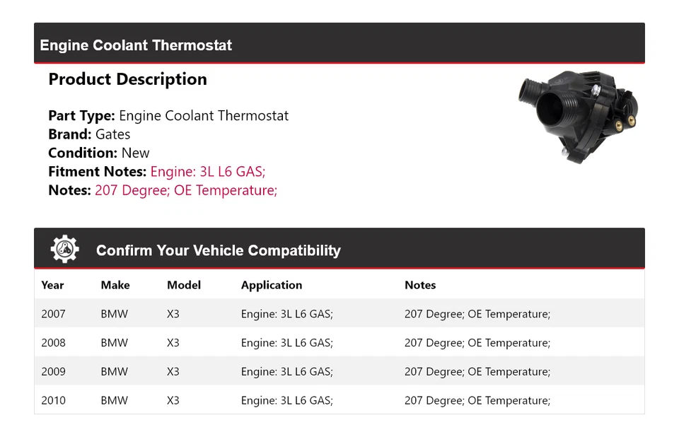Para BMW X3 2007-2010 3L L6 Motor Gas Refrigerante Termostato Puertas 2008 2009 Foto 2 de 4