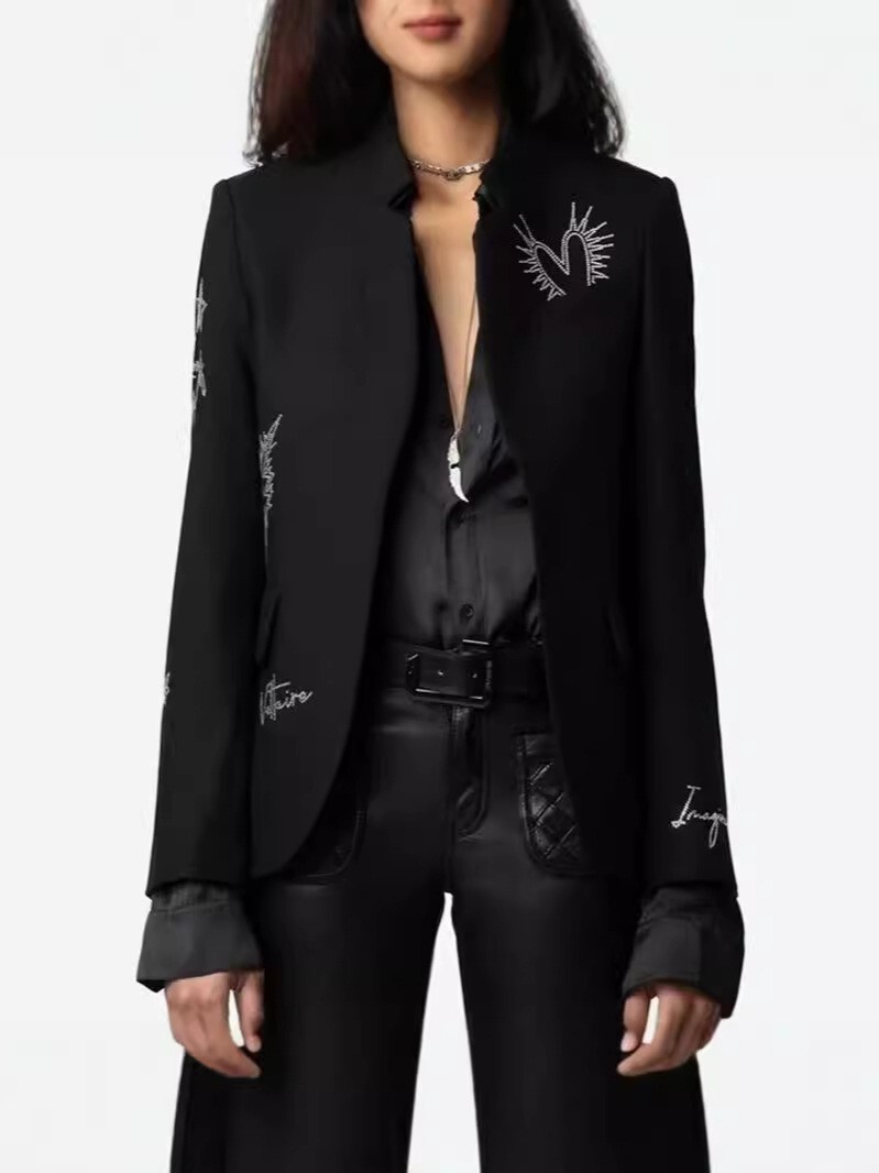 Women French Zadig & Voltaire Charm Collared Rhinestone ZV Blazer Coat Top XS-L