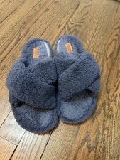 OluKai Hila Heu Genuine Shearling Slippers Slides Blue Women Sz 10 Rubber Sole