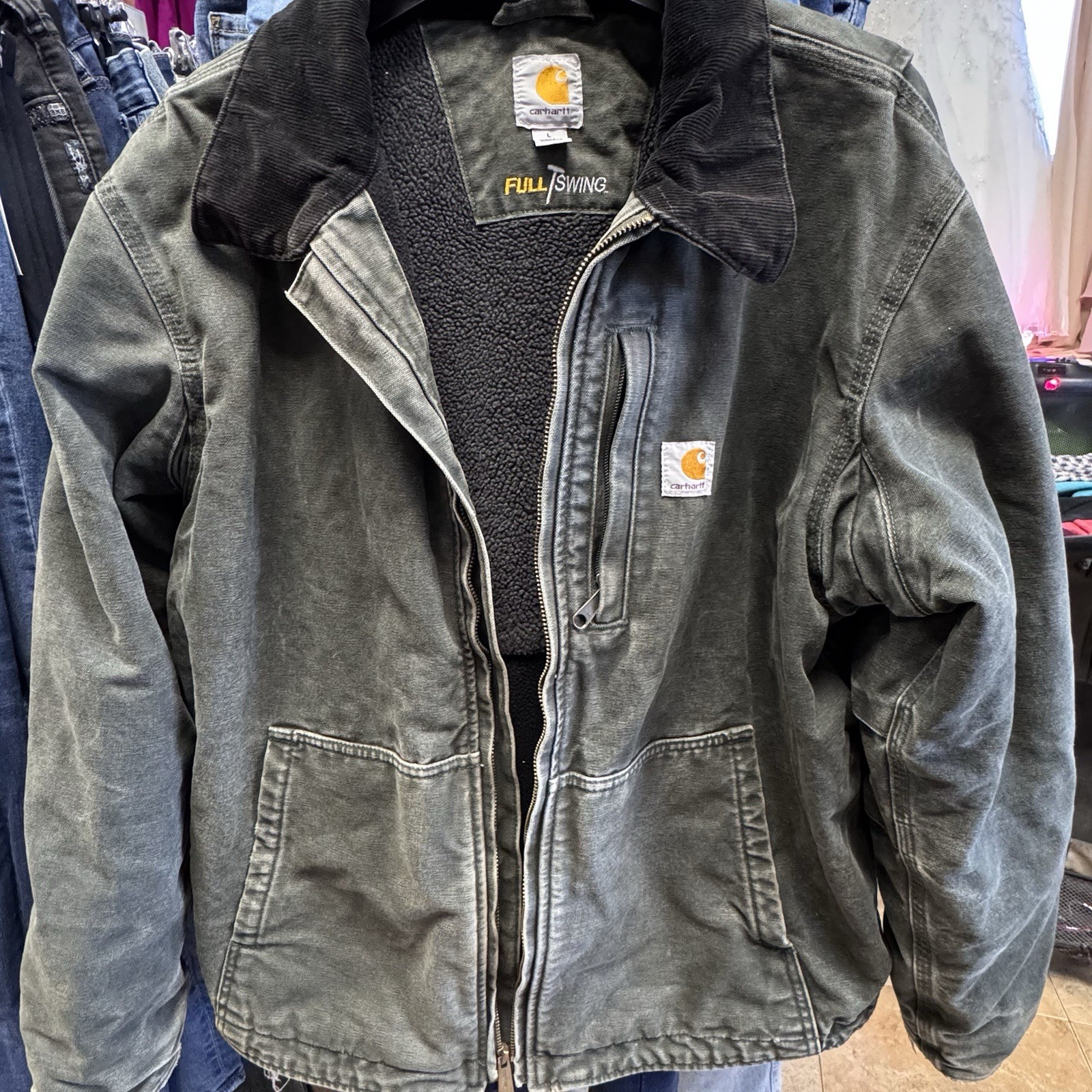 Carhartt Jacket Mens L Green C26 MOS Duck Canvas Corduroy Collar Work Wear