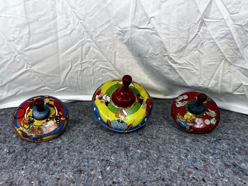 3 Antique 1950’s Spinning Top Metal Tin Lithograph Print Wood Handle Ohio Art