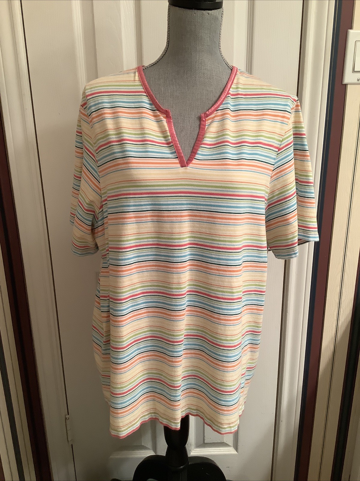 Liz & Me 2X Multicolored Striped V-Neck Top T-Shirt Cotton Spandex Shirt Sleeve