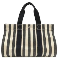 HERMES Tote Bag Cannes MM Canvas Ivory x Black Silver Hardware White Black Strip