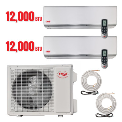 YMGI 24000 BTU 2 Zone Dual Ductless Mini Split ductless AC Cool Heat 220V w Kits
