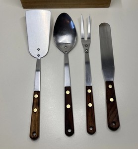 Vintage Lot Of 4 Stainless Steel And Wood. Fork, Spatula, Spoon, Cake Knife