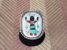 SIGNED Vintage Sterling Silver  Inlay Apache Gaan Dancer Belt Buckle 33 Grams