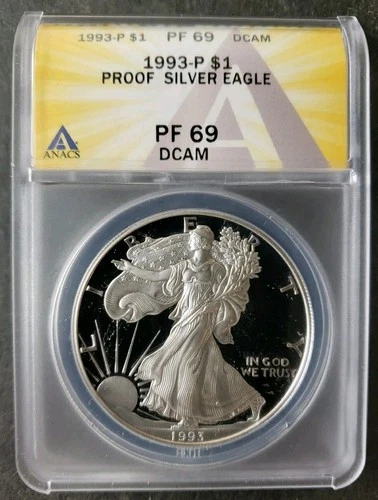 1993 S Proof $1 American Silver Eagle Dollar ANACS PF69 DCAM