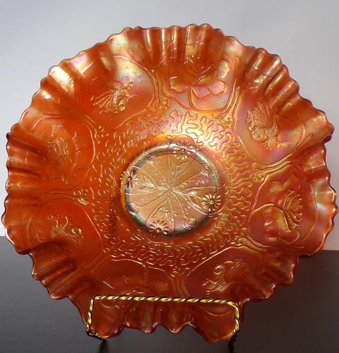 ANTIQUE FENTON DRAGON AND LOTUS CARNIVAL GLASS 3 IN 1 EDGE BOWL, MARIGOLD