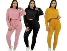 Ladies Lounge Wear Tracksuit Set Womens Chunky Cable Knitted Cropped Co-Ord Set