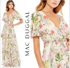 NWT Mac Duggal Floral Print Faux Wrap Flutter Sleeve A Line Gown Floral Size:12