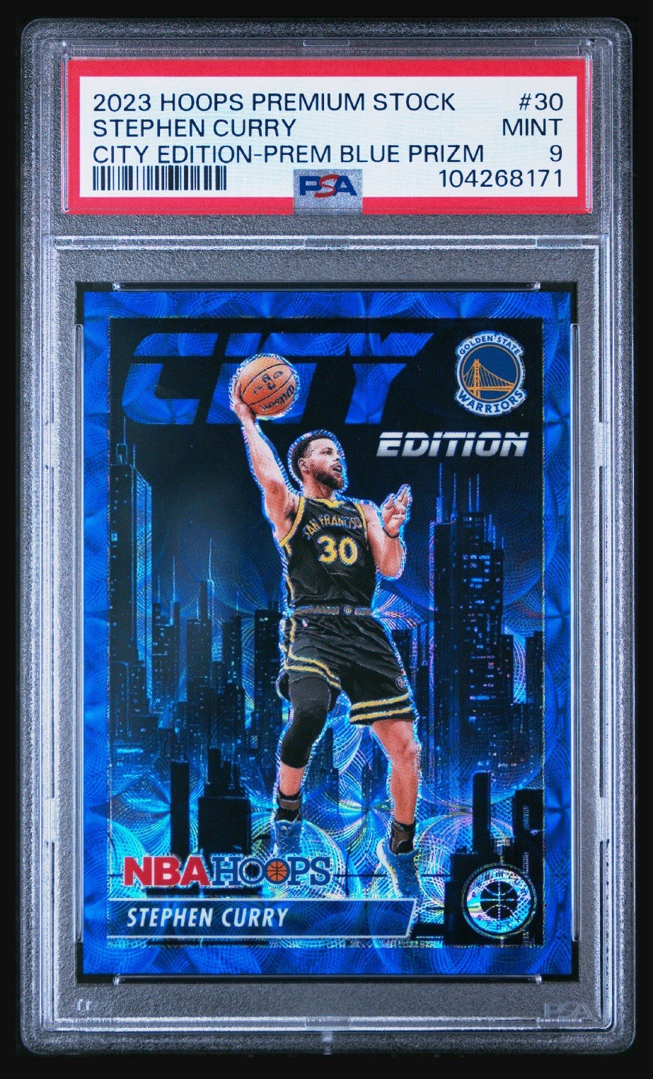 Panini 2023-24 NBA Hoops City Edition Stephen Curry #30 Blue Prizm /25 PSA 9