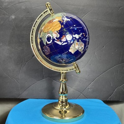 Lapis Lazuli World Globe 12'' - Hand-Inlaid Precious Gemstones & Brass Stand