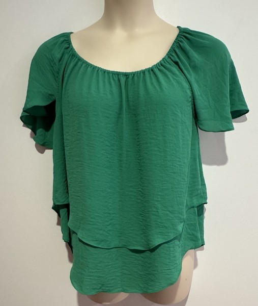 Green Off The Shoulder Short Sleeve Top/Two Layers/ Asymmetrical Size 14 GC