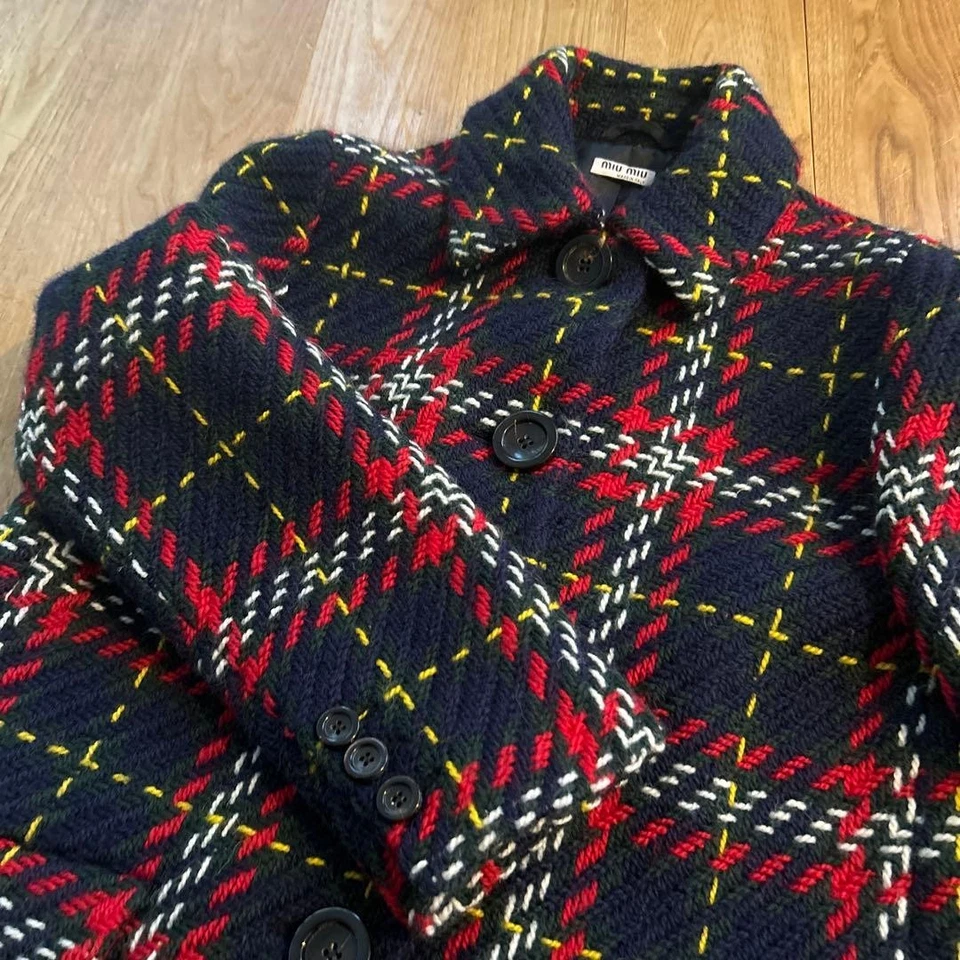 Abrigo Largo MIU MIU Talla 38 Patrón a Cuadros Mezcla Lana Azul Marino Rojo Blanco Amarillo Foto 2 de 4