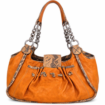 Carlos Falchi Leder Hobo Bag Orange Schlangenlederbesatz Boho Slouchy Handarbeit