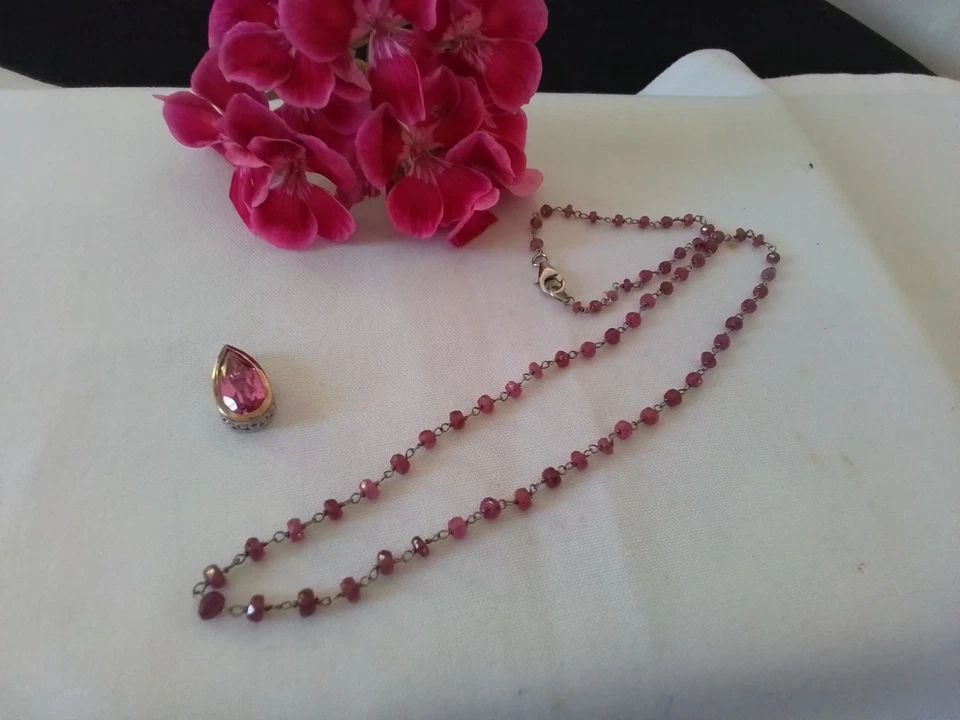 Ruby faceted stone necklace 22cts 20inch chain & Kunzite colour Quartz pendant - Image 1 of 4