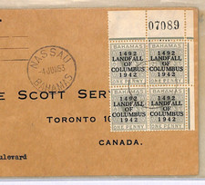 BAHAMAS KGVI Cover 1942/1492*LANDFALL OF COLUMBUS* 1d CORNER BLOCK{4} 1953 WM381