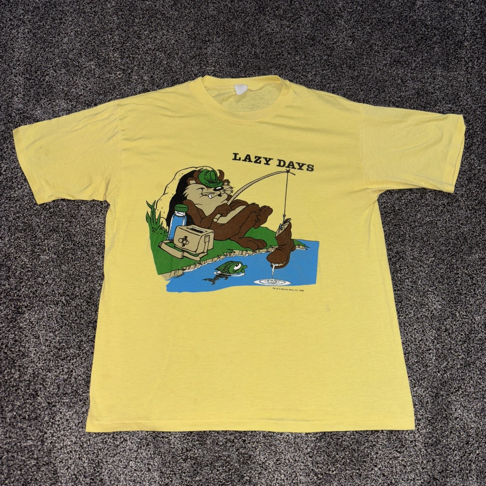 Vintage 1986 Taz Looney Tunes Lazy Days Fishing Shirt Rare Medium Read Info
