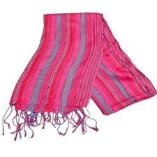 Open Hand India Pink Blue Striped Scarf Tassels Lightweight Woven