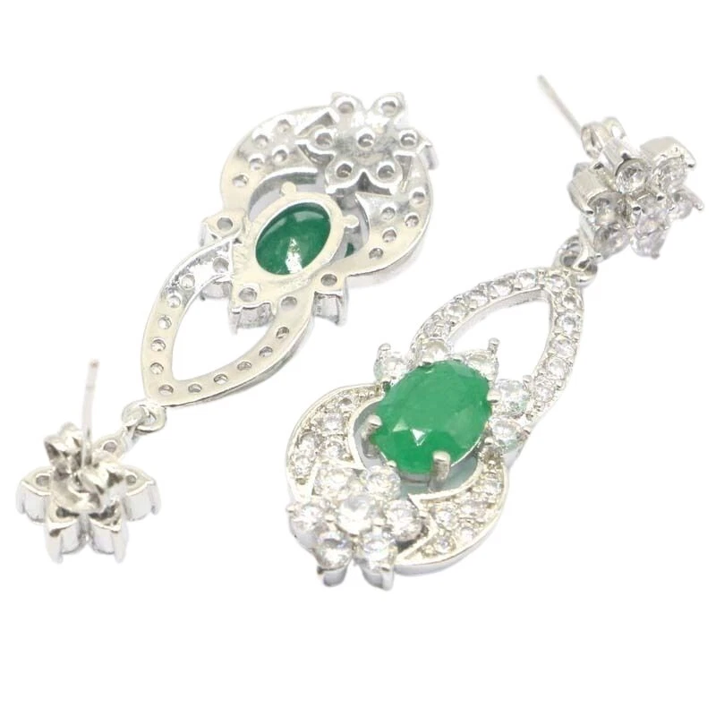 Buy 3 Get 1 Free Real Green Emeraies White CZ Woomen Wedding Silver Earrings - Image 2 of 3