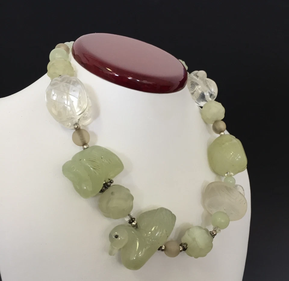 Vintage AMY KAHN RUSSELL Bowenite & Rock Crystal Necklace Sterling Monkey Ducks - Image 2 of 4