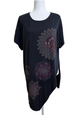 Desigual Womens Top Black Asymmetrical Hem Mandala Print Tunic Size M