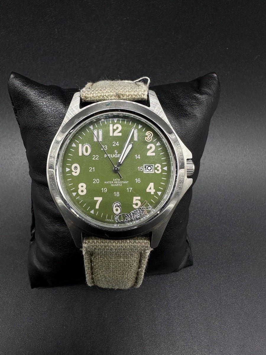 Peugeot 2041 Date 24 Hour Military St. Steel Green Dial & Band