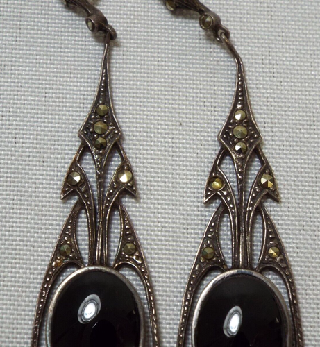 Vtg ART DECO Sterling Silver Black Onyx & Marcasite Long Pierced Dangle Earrings - Picture 10 of 19