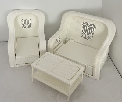 Vintage 1983 Barbie Dream Cottage White Plastic Wicker Chair, Loveseat, Table