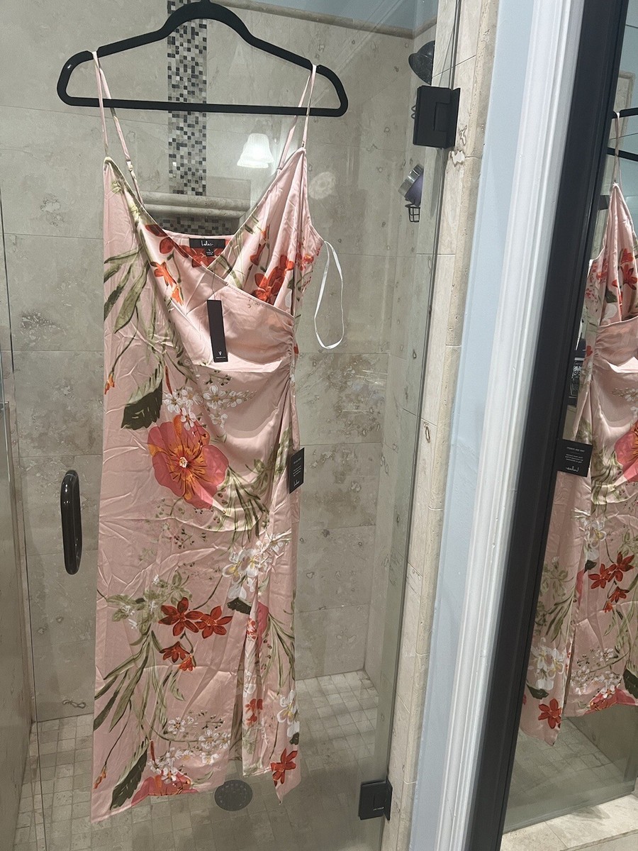 remarkable entrance pink floral print satin midi dress Floral Midi Length Semi Formal Dresses Remarkable Entrance Pink Floral Print Satin Midi Dress