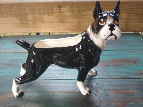 Vintage RARE Boston Terrier Dog Japan Pottery Black/White Dog Planter 1940-1950
