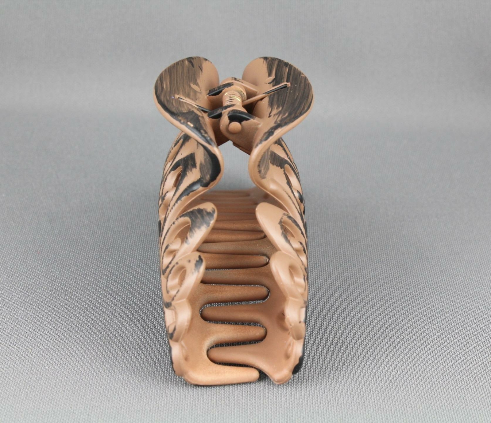 Brown hair clip 3 5/8" long big barrette claw jaw clamp scroll cut out WoodGrain