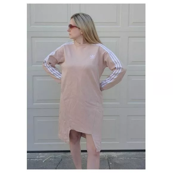 ADIDAS Women Asymmetric Hem Sweater Dress Long Sleeve Crew Neck Tan White Size M