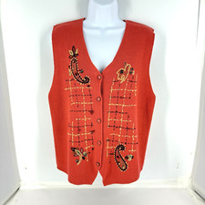 Vintage Koret Women Size SM Coral Paisley Embroidered Button Front Sweater Vest