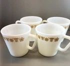 Vtg Pyrex Gold Butterfly D Handle Set of 4 Coffee Tea Mugs/Cups White
