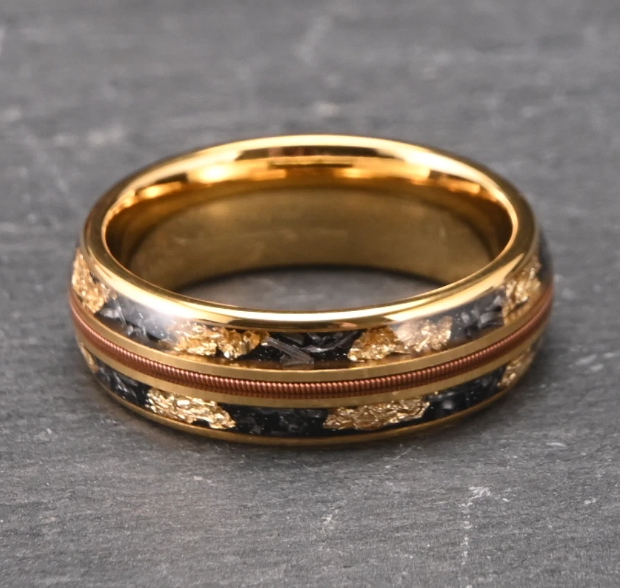 Anel de meteorito masculino folheado a ouro 18K folha de ouro carboneto de tungstênio – aliança de casamento - Imagem 4 de 4