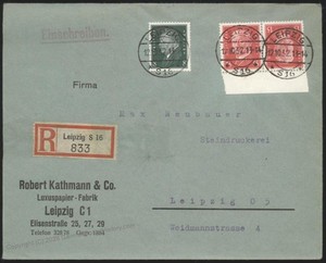 Germany 1928 Hindenburg Tete-Beche Pair K14 On Cover Leipzig Registered 116373