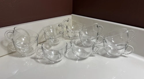 Lot of 12 Vintage Federal Glass Tea Punch Cup Clear Glass Ribbed Bubble Handle