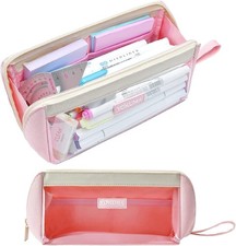 YOKUMA Clear Aesthetic Pencil Case Pouch for Girls Cute Kawaii Pink-white 