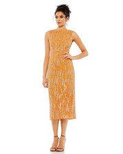 Women's Mac Duggal Orange Silver Beaded Sleeveless Midi Dress Size 4