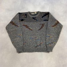 Vintage Abstract Knitted Jumper Patterned Grandad Knit Sweater Men's L