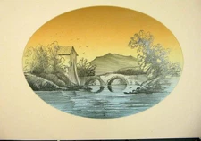 Original Old Antique Print Sketch Color Bridge River House Fine Art