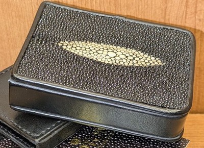 Croton Genuine Stingray Shagreen Business Card Holder Black Exotic Leather w Box