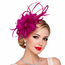 Flower & Feather Fascinator Headband with Sinamay Curls for Weddings, Parties