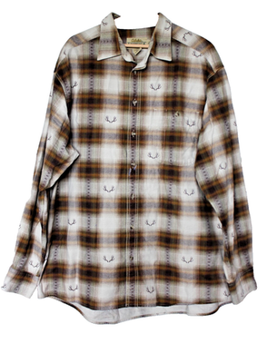 #ad Vtg Cabela#x27;s Deerskin Soft Chamois Shirt Men XL Tall XLT Plaid Antler Peru Flaw $22.99
